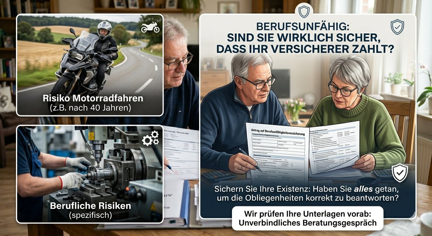 Berufsunfähigkeit: Risiken wie Motorradfahren und berufliche Tätigkeiten im Antrag korrekt angeben